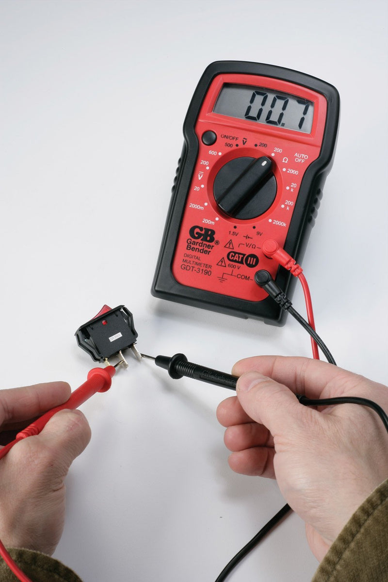 Gardner Bender GDT-3190 Digital Multimeter, 4 Function, 14 Range, Tests AC/DC Voltage, Resistance, and Battery, Manual Ranging, Auto-Off, 1/Each Red with Black Rubber Boot Manual 4 Function / 14 Range