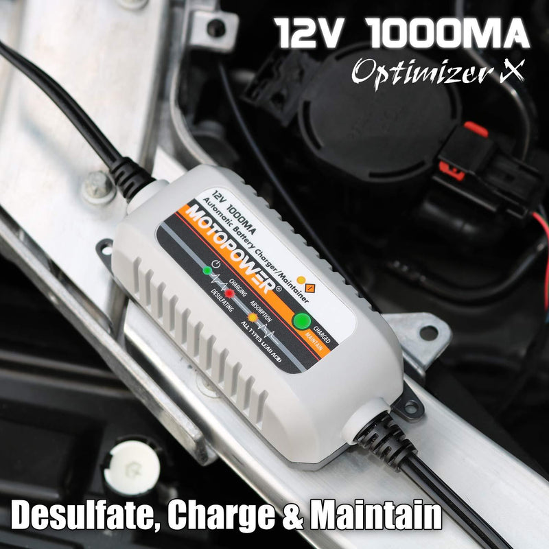 MOTOPOWER MP00205B 12V 1000mA Automatic Battery Charger, Battery Maintainer, Trickle Charger, and Battery Desulfator with Timer Protection
