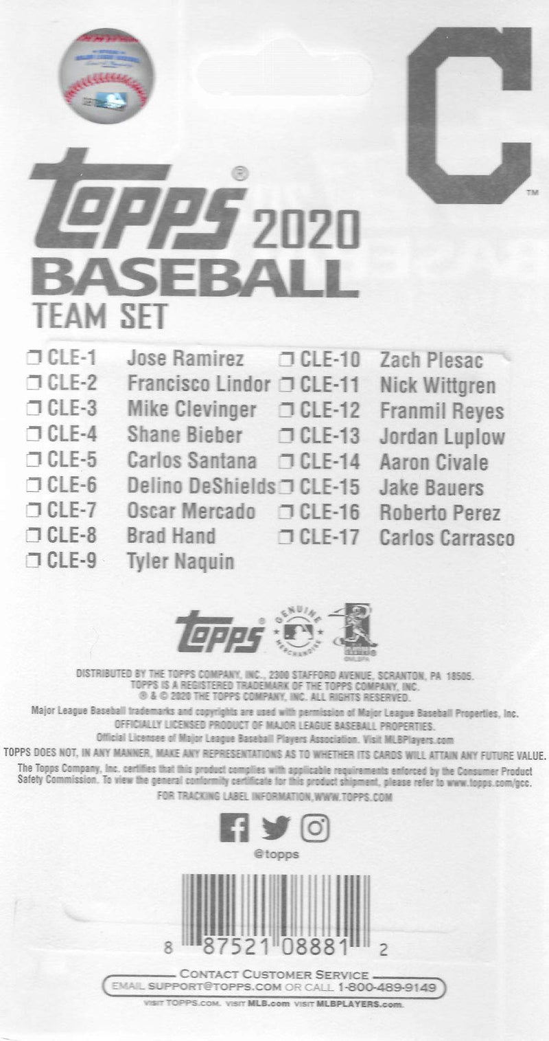 Cleveland Indians 2020 Topps Factory Sealed Special Edition 17 Card Team Set with Jake Bauers, Carlos Santana and Francisco Lindor Plus