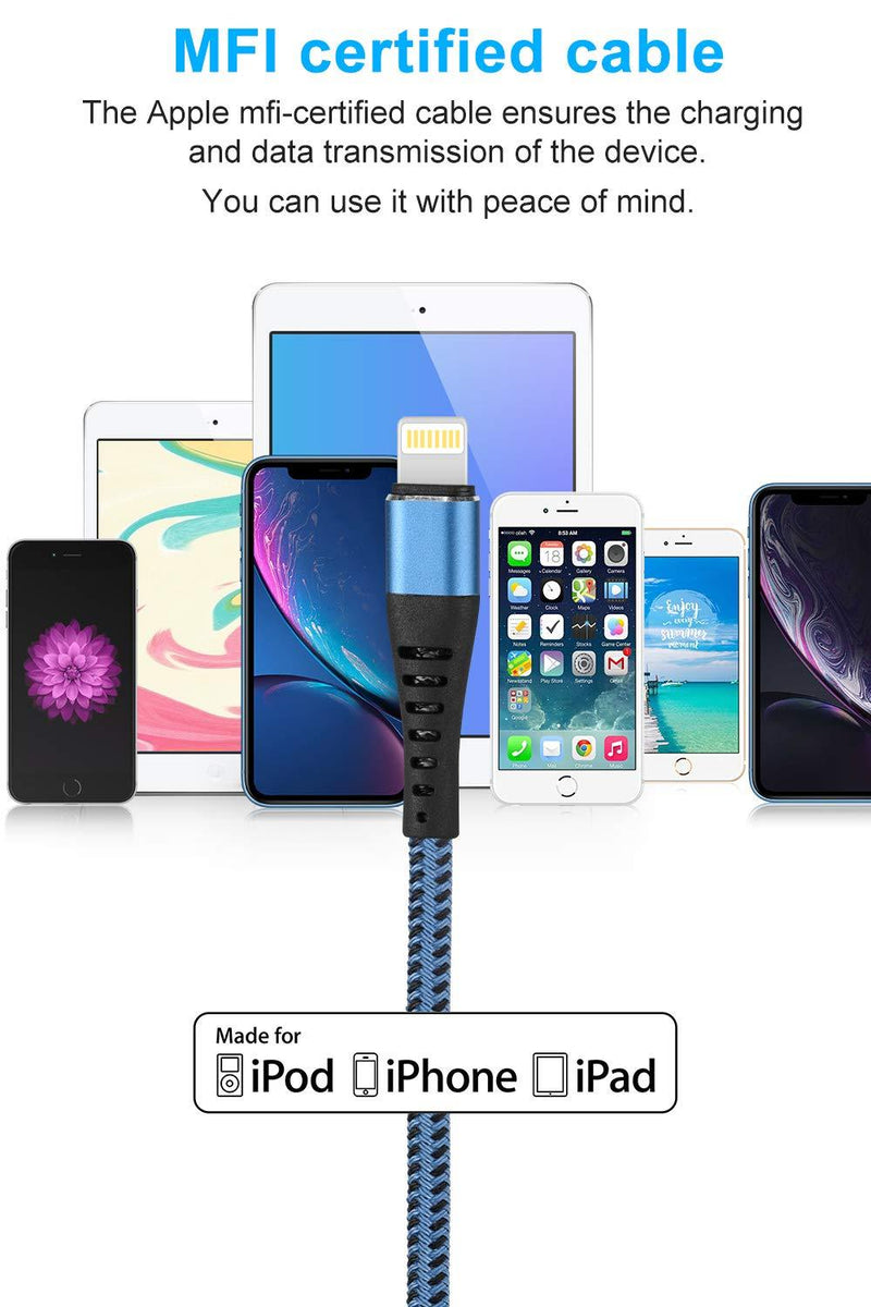 (3 Pack) Apple MFi Certified Lightning Cable 6ft, Essri Long iPhone Charger Strong Nylon Braided Charging Cable 6 Foot, Fast iPhone USB Cord for Apple iPhone11/ X/XS/XR/8/7/6/5S/SE/iPad Mini Air（Blue） 3Pack6Feet Blue
