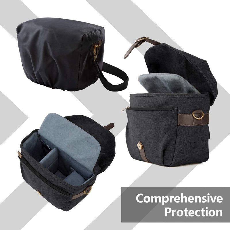 Camera Bag, BAGSMART SLR DSLR Canvas Camera Case, Vintage Padded Camera Shoulder Bag with Rain Cover for Women, Men, Black 01-Black