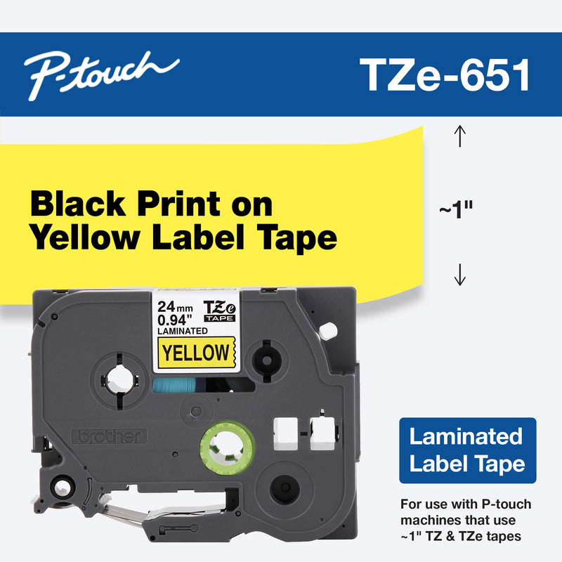 Brother Genuine P-Touch TZE-651 Tape, 1" (24 mm) Standard Laminated P-Touch Tape, Black on Yellow, For Indoor or Outdoor Use, Water-Resistant, 26.2 ft (8 m), Single-Pack, TZE651, 24mm