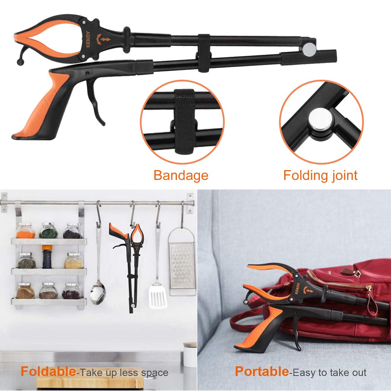 Foldable Grabber Reacher Tool with Headlight, 32 inch Lawn Trash Picker Upper Grabber, 90°Rotating Anti-Slip Jaw, Heavy-Duty Stick, Portable Claw Grabber for Elderly 8320-0-1 Orange