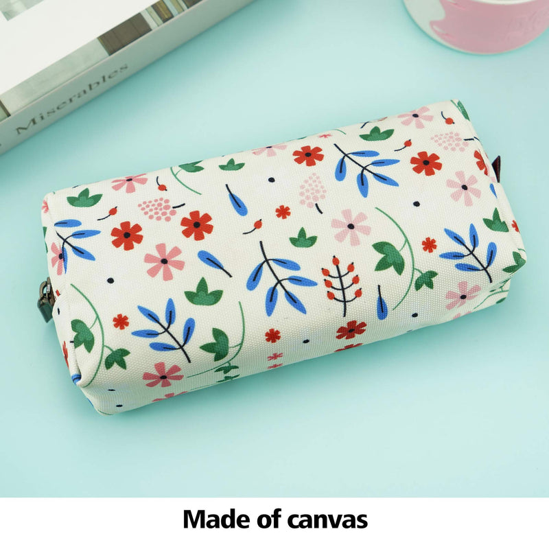 LParkin Floral Large Capacity Flower Canvas Pencil Case Teacher Gift Gadget Pen Bag Pouch Stationary Case Makeup Cosmetic Student Bag Box White