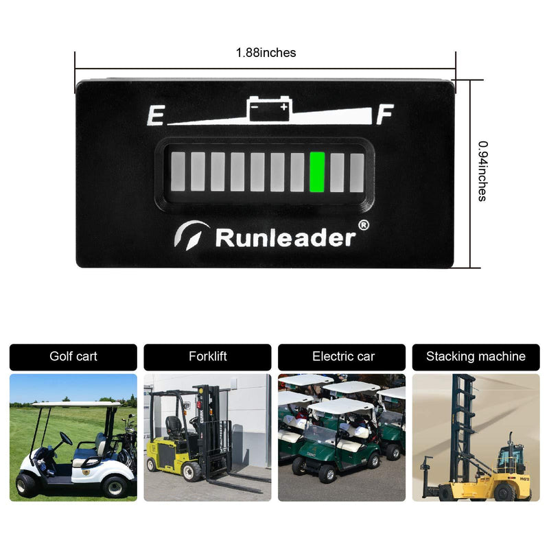 Runleader 12V to 48V LED Battery Fuel Gauge Meter,Battery State of Charge & Discharge for Club Car Forklift Scrubber Machine Travel Trailer Go-Kart and Floor Care Equipment. (RL-BI029-36V) RL-BI029-36V