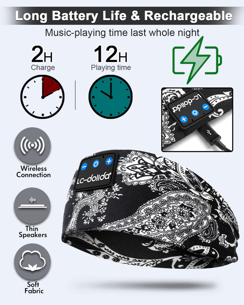 LC-dolida Bluetooth Headband, Cozy Band Wireless Sleep Headphones Sleep Mask with Thin HD Stereo Speakers Perfect for Side Sleepers, Sport, Yoga, Travel,Workout Music Headband Best Gifts for Men Women Boho
