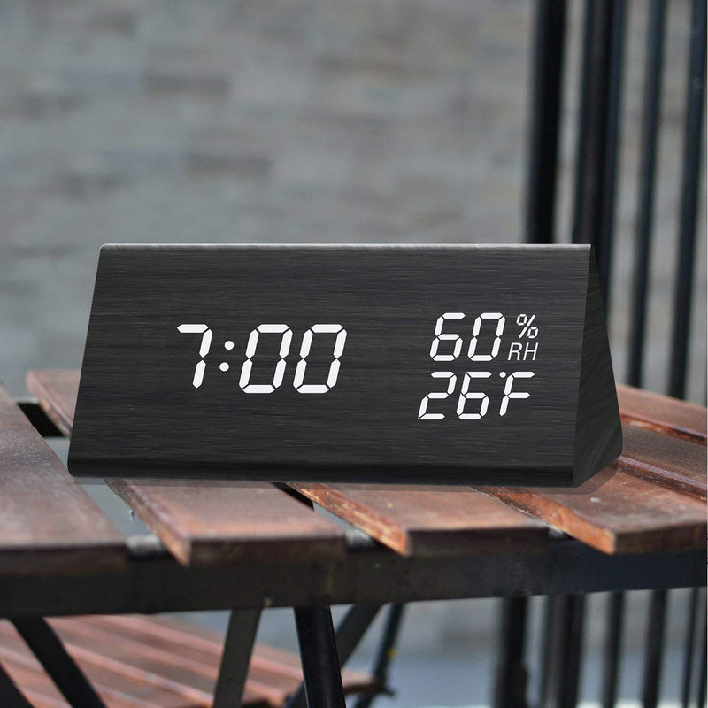 Digital Alarm Clock, with Wooden Electronic LED Time Display, 3 Alarm Settings, Humidity & Temperature Detect, Wood Made Electric Clocks for Bedroom, Bedside… (Black) Black