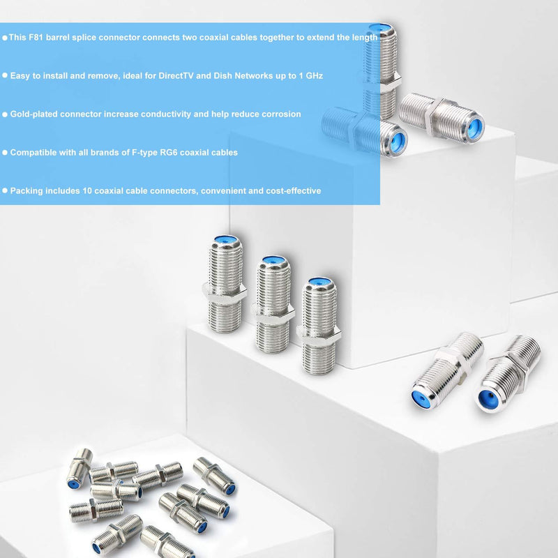 SAISN F81 Coaxial Cable Connector 3GHz F-Type RG6 Cable Extension Adapter (Pack of 10, Silver) 10 Pack