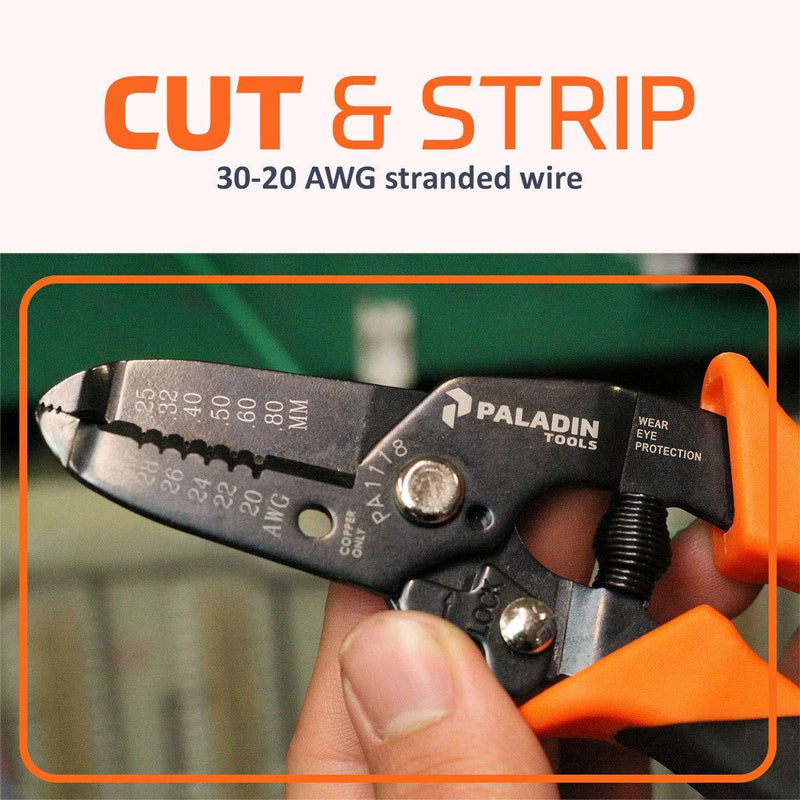 Wire Stripper and Cutter by Paladin Tools - 30-20 AWG Solid and Stranded Wire, Electrician - Spring-Loaded, Locking Handle, Comfortable