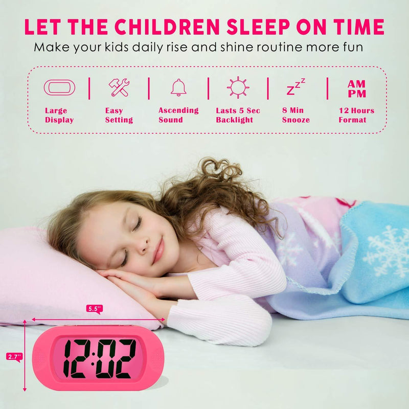Kids Alarm Clock - Plumeet Large Digital LCD Travel Alarm Clocks with Snooze and Night Light - Ascending Sound and Handheld Sized - Best Gift for Kids (Pink) Pink