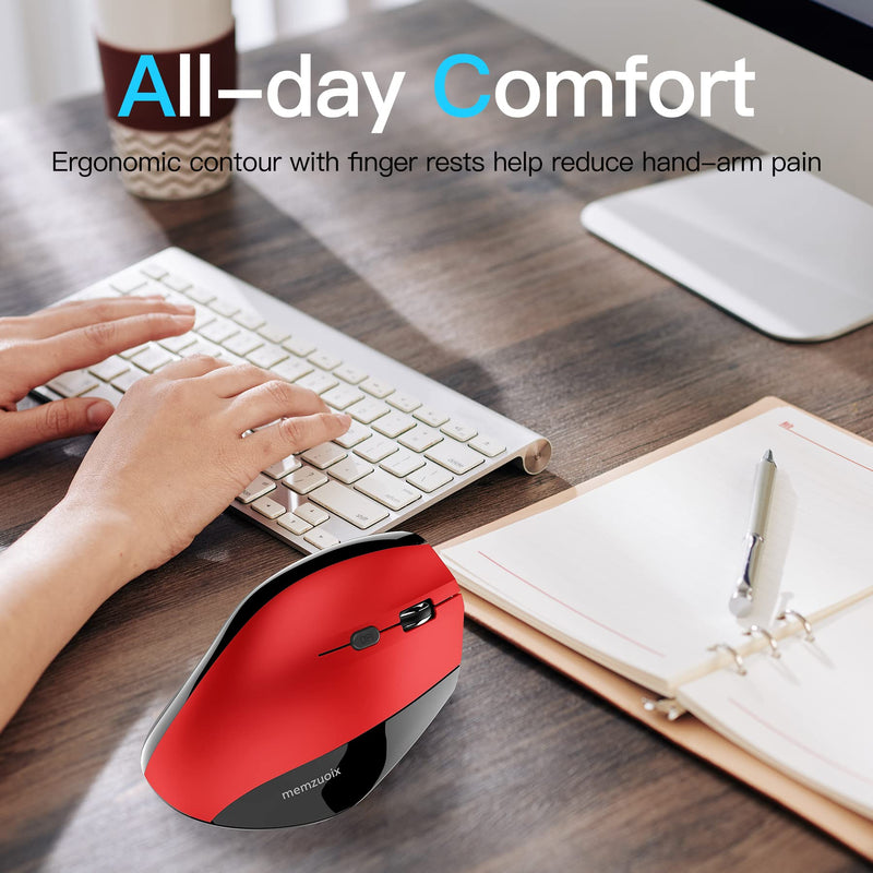 memzuoix Ergonomic Mouse Wireless Mouse, 2.4G Large Vertical Mouse USB Optical Cordless Mice with 800 / 1200 /1600 DPI, Ergonomic Computer Mouse for Laptop, PC, Desktop (for Right Hand) Red