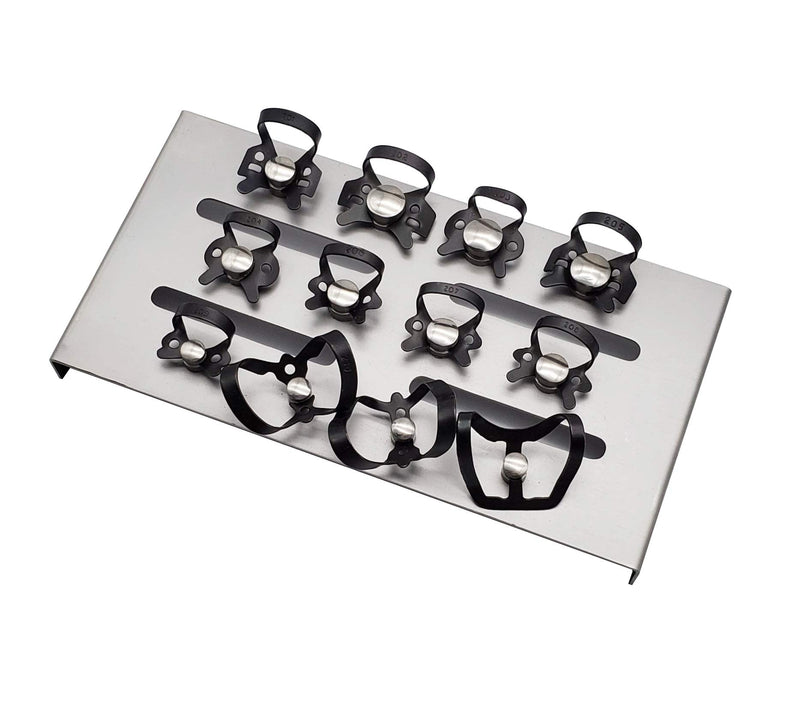Rubber Dam Clamps Set of 12 with Organizer autoclavable mounting Rack (Black)