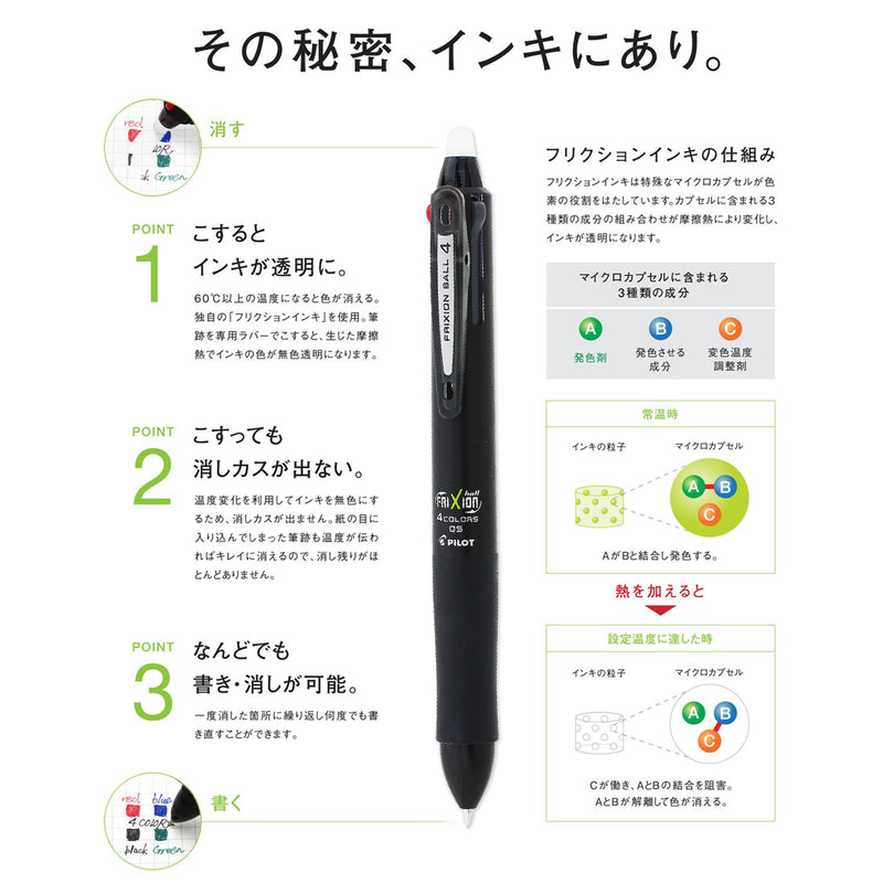 Pilot Frixion Ball Knock 4 Color Gel Ink Multi-Pen, Black (LKFB-80EF-B)