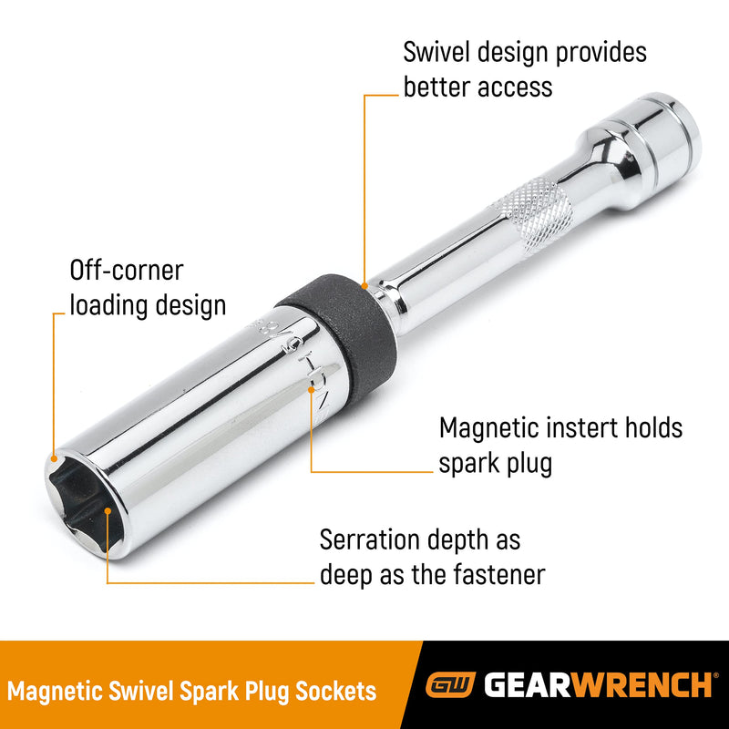 GEARWRENCH 3/8" Drive 6 Pt. 5/8" x 6" Magnetic Swivel Spark Plug Socket - 80546