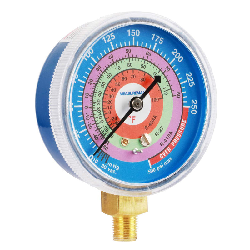 MEASUREMAN Refrigeration Pressure Gauge, 2-3/4" Dial, Blue Dial, 1/8" NPT Lower Mount, 30inHg-0-250psi, 250-500psi Retarded Range, R-404A, R-22, R-410A, Degree F, Adjustable Pointer 2-3/4 inch（30inHg-0-250psi）