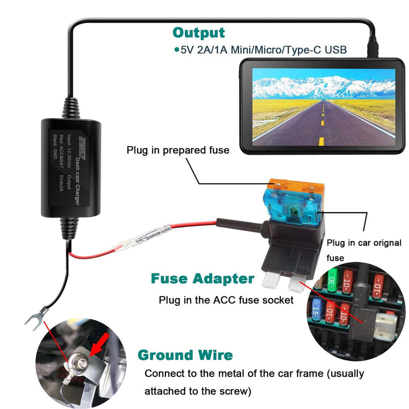 Dash Cam Hardwire Kit with Mini/Micro/Type-c Port, 4 Meter Dashboard Camera Car Charger Cable Kit 12V- 24V to 5V, Power Adapter with LP/Mini/ATO/Micro2 Fuse for Dash Cam, GPS Navigator, Radar Detector