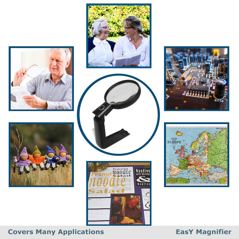 EasY Magnifier Large Magnifying Glass 2X Hands Free with Bright LED Light; Acrylic Spot Lens 4X; Lighted Desktop Loupe for Reading, Work; Macular Degeneration Aid; Ideal Gift for Visually Impaired