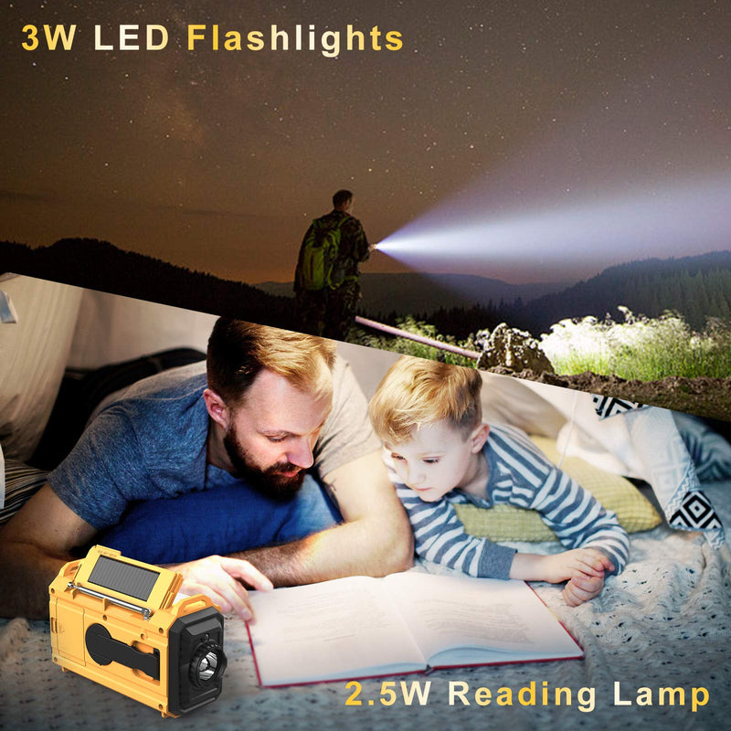 Weather Radio Raynic 5000mAh Solar Hand Crank Emergency Radio 5 Ways Powered AM/FM/SW/NOAA Weather Alert Portable Radio with Flashlight, Reading Lamp, Cellphone Charger and SOS Alarm (Yellow)