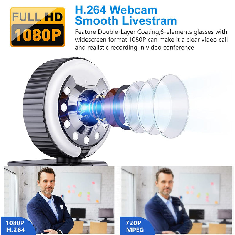 1080P Webcam with Microphone and Light Auto-Focus Play and Plug JIGA Streaming Web Camera for YouTube, Skype, Zoom, Twitch, OBS, Xsplit and Video Calling 3 Adjustable Color Light with Metal Tripod