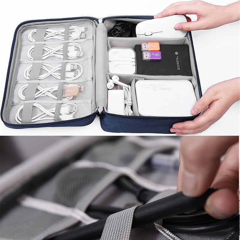Electronic Organizer Travel Universal Cable Organizer Electronics Accessories Cases for Cable, Charger, Phone, USB, SD Card,1Pack Blue Double Layer/10.03" x7.48" x 3.54"