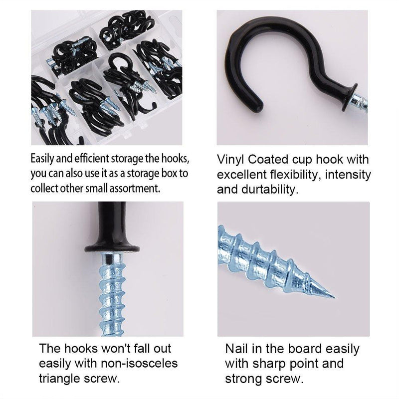 KUUQA Cup Hook Kit Black Vinyl Coated Ceiling Screw Mug Hooks, 70 Pieces, 6 Sizes 70pcs