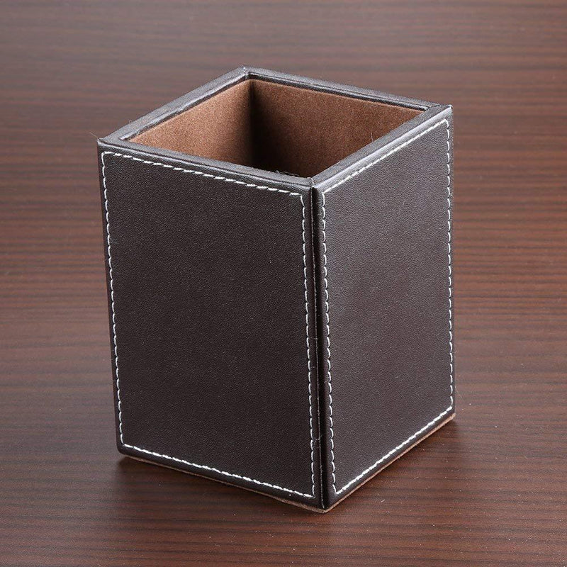 KINGFOM PU Leather Square Pens Pencils Holder Cup Desktop Stationery Organizer Case Office Accessories Container Box Brown Brown-S