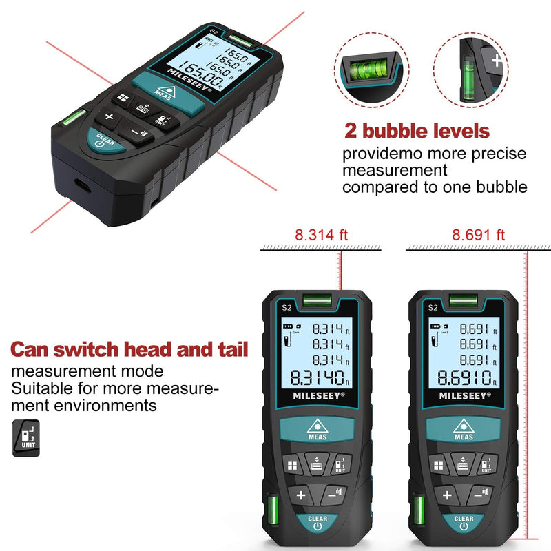 Laser Measure, Mileseey by RockSeed 165 Feet Digital Laser Distance Meter with 2 Bubble Levels,M/In/Ft Unit switching Backlit LCD and Pythagorean Mode, Measure Distance, Area and Volume (165 Feet)