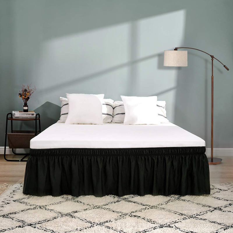 RIMELA Bed Skirt Wrap Around Elastic Dust Ruffles Solid Color Wrinkle and Fade Resistant with Adjustable Elastic Belt Easy to Install Black for Queen Size 15 Inch Drop Queen-15 In Drop