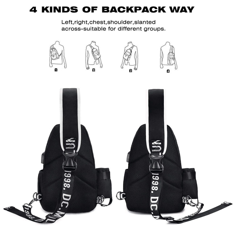 Sling Bag for Mens Women with USB Charger Port, Small Chest Pack with Side Pocket, Fashion Travel School Shoulder Backpack Usb+music Black