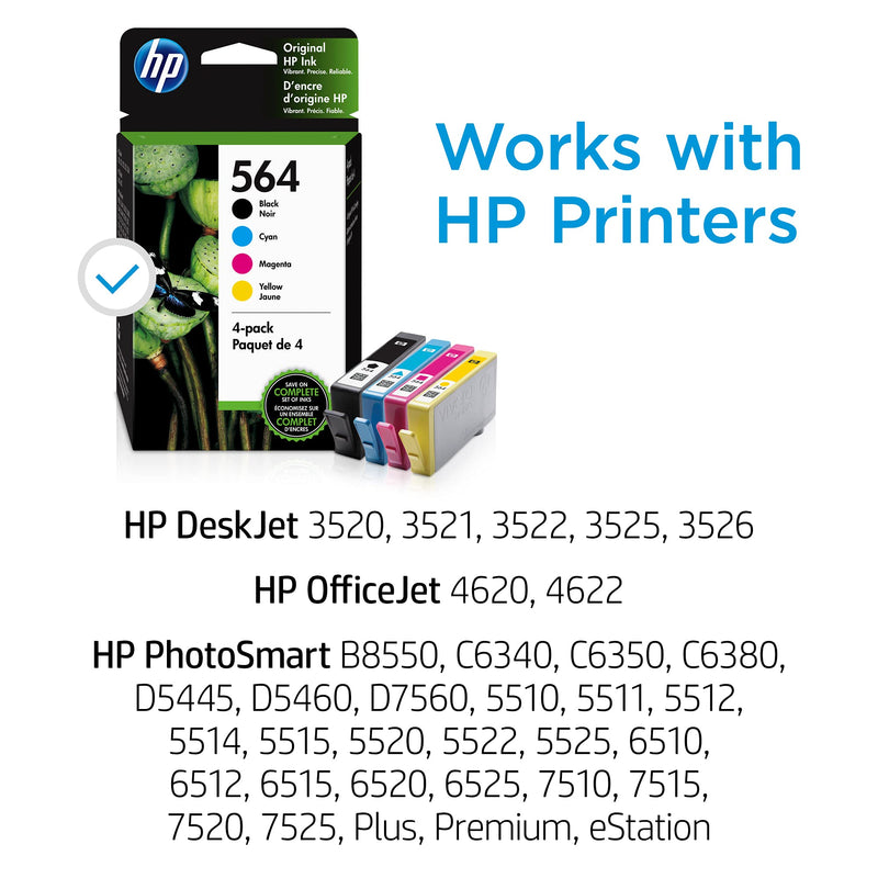 HP 564 | 4 Ink Cartridges | Black Cyan Magenta Yellow | DeskJet 3500 Series Officejet 4600 5500 C6300 6500 7500 Series B8550 D7560 C510 B209 B210 C309 C310 C410 C510 | CB316WN CB318WN CB319WN CB320WN