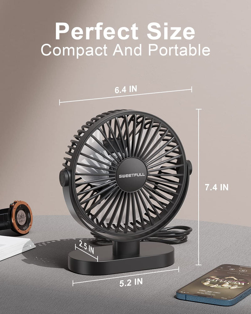 SWEETFULL 6.4 Inch USB Small Desk Fan, 3 Speeds Quiet Portable Desktop Table Fan, 360Â° Adjustment Personal Mini Fan for Home Office Car Outdoor Travel (all black) all black