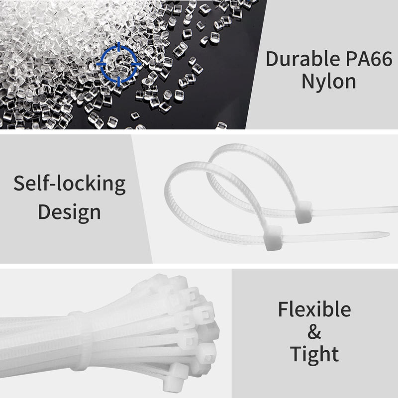 Zip Ties 8 Inch White 100 Pack Nylon Cable Ties Self Locking Tie Straps Heavy Duty 0.1x8 inch