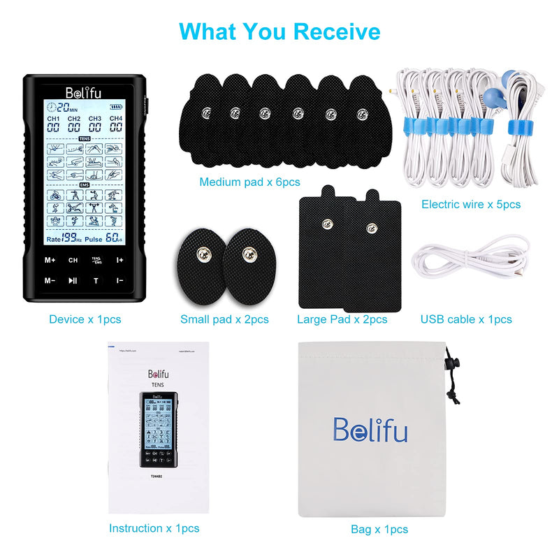 Belifu 4 Independent Channel TENS EMS Unit, 24 Modes,30 Level Intensity Muscle Stimulator Machine, Rechargeable Electric Pulse Massager with 10 Pads&5 Set Leads Wires, for Pain Relief Therapy Black