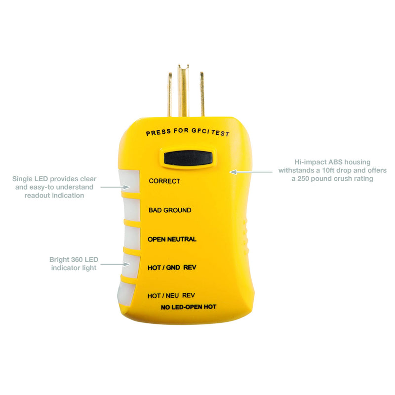 Sperry Instruments HGT6520, Stop Shock II-Single, DIY Testing-120V AC, 3 Color LED Indicator, Comfort Grip, Patented GFCI Outlet Tester, Yellow