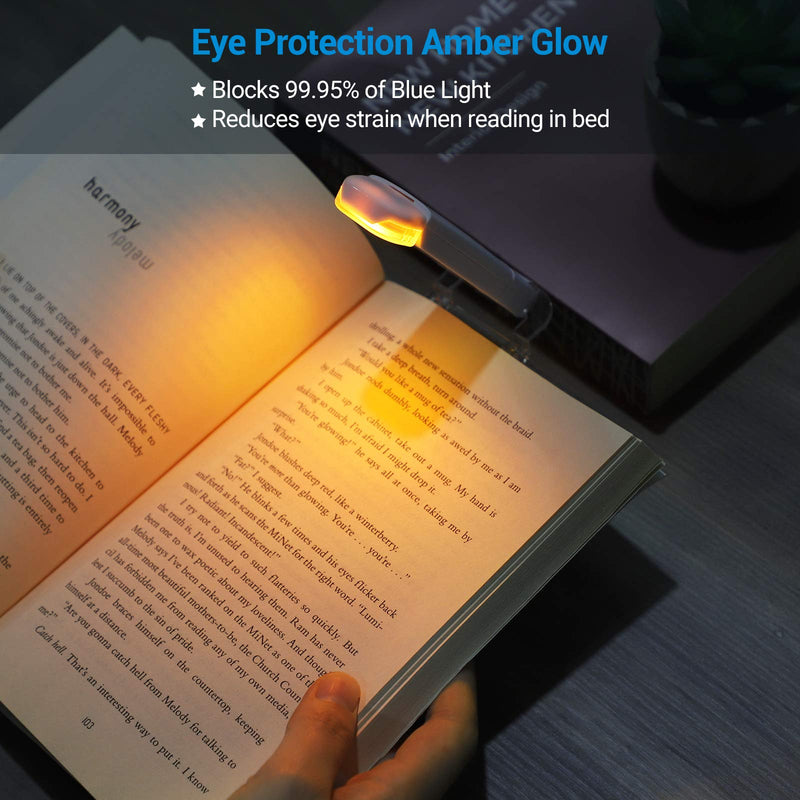 DEWENWILS Book Light Rechargeable, Amber Reading Lights for Books in Bed, Blue Light Blocking, 4 Brightness Adjustable for Eye Care, Clip on LED Book for Kids, Bookworms White