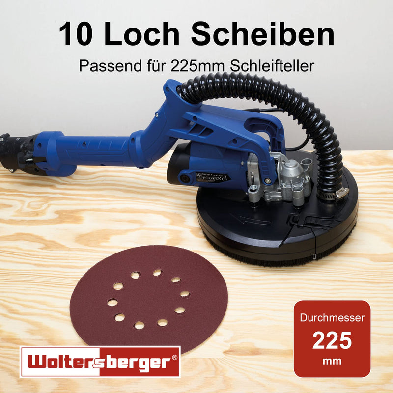 Woltersberger 25 pieces sanding discs Ø 225mm | Grit P120 | 10 holes in red | Sandpaper drywall sander long neck sander sanding giraffe ceiling sander