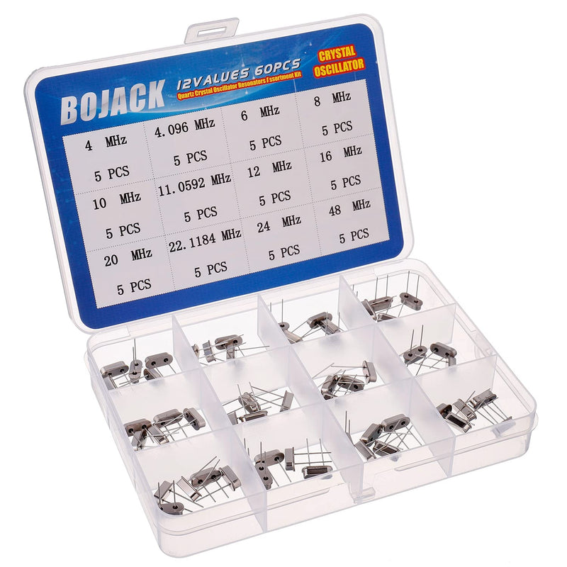 BOJACK 12 Values 60 Pcs Quartz Crystal Oscillator 4 MHz, 4.096 MHz, 6 MHz, 8 MHz, 10 MHz, 11.0592 MHz, 12 MHz, 16 MHz, 20 MHz, 22.1184 MHz,24 MHz,48 MHz Crystal Resonators Assortment Kit