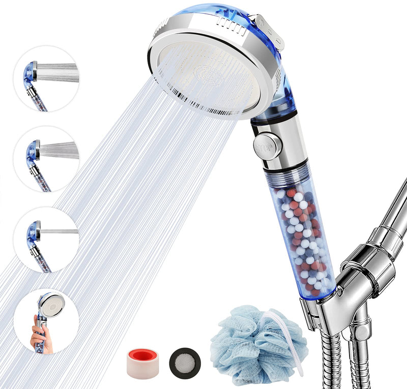Shower Head with Hose and Hose Holder, 59 inches Expandable Shower Hose Extra Long for Bathing Toilet Cleaning, Leakproof Flexible Shower Hose Extension for shower head, Adjustable Shower Hose Holder Blue With Hose & Holder