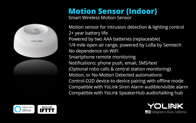 Smart Motion Sensors, YoLink 1/4 Mile World's Longest Range Wireless Indoor Motion Detector Compatible with Alexa IFTTT, Movement Detector App Alerts Remote Monitor, 2 Pack, YoLink Hub Included