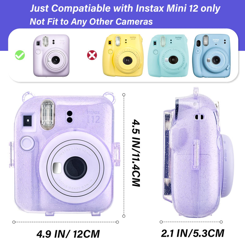 HIYQIN Upgrated Clear Glitter Case for Instax Mini 12, Fuji Mini 12 Clear Case, Fashion Glitter Protective Case with Adjustable Shoulder Strap, Portable Photo Box and DIY Sticker (Clear+Purple) Glitter-Clear Case+3 Accessories Purple