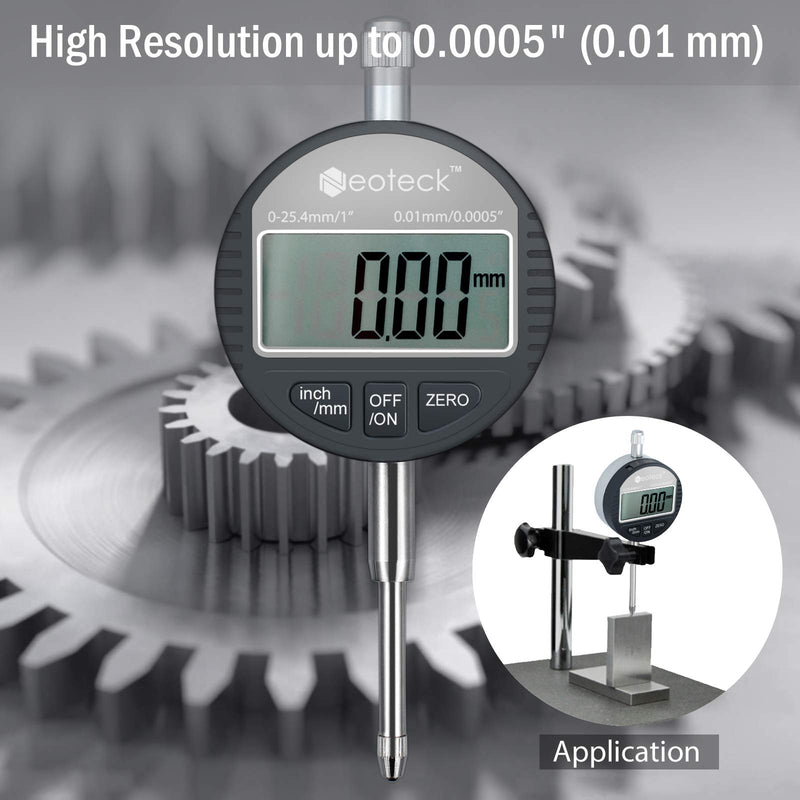 Neoteck DTI Electronic Digital Dial Indicator 1''/25.4mm | Digital Probe Indicator Dial Test Gauge High Resolution: 0.0005''/0.01mm - Silver Gray