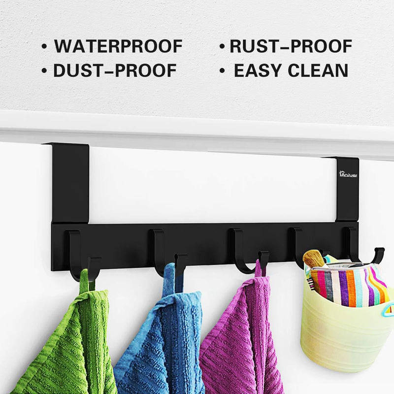 Over The Door Hook Organizer Rack, Anjuer Metal Coat Hanger Door 5 Hooks Hanger Black 5 hook Black