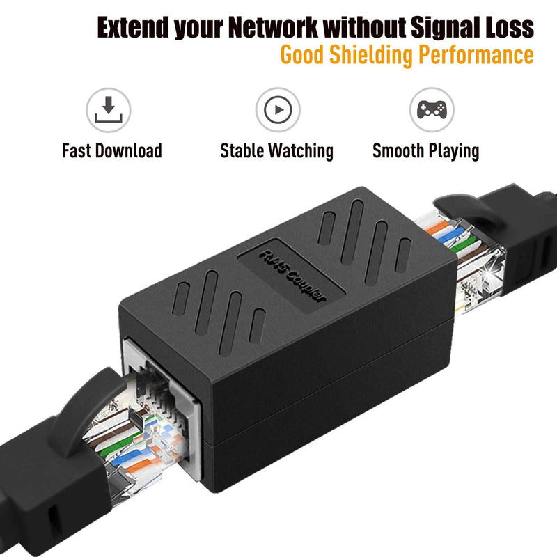 RJ45 Coupler, PLUSPOE 2 Pack Ethernet Cable Extender Inline LAN Connector Plugs for Cat5 Cat5e Cat6e Cat7 Cable, Female to Female (Black) RJ45 Coupler 2Pack Black