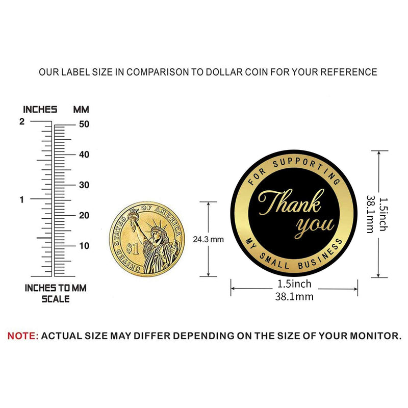 Mercei Thank You Stickers with Black Background and Wide Matte Gold-foil Ring; 4 Elegant Handwriting Font Designs; 500 pcs Classic Round Adhesive Labels per Roll; Wide for Personal and Business Use Black+matte Gold