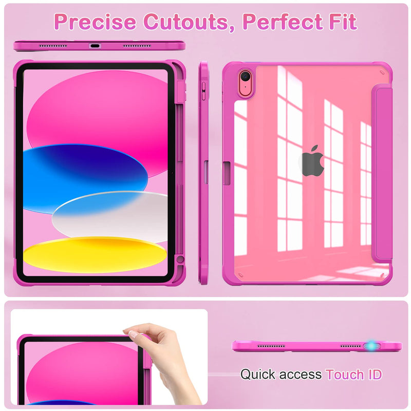 OKP for New iPad 10th Generation Case 2022, ipad 10.9 inch Case with Trifold Stand, Auto Wake/Sleep, ipad 10 gen Protective Cover with Slim Lightweight Clear PC Back Shell for Women Men, Rose Red