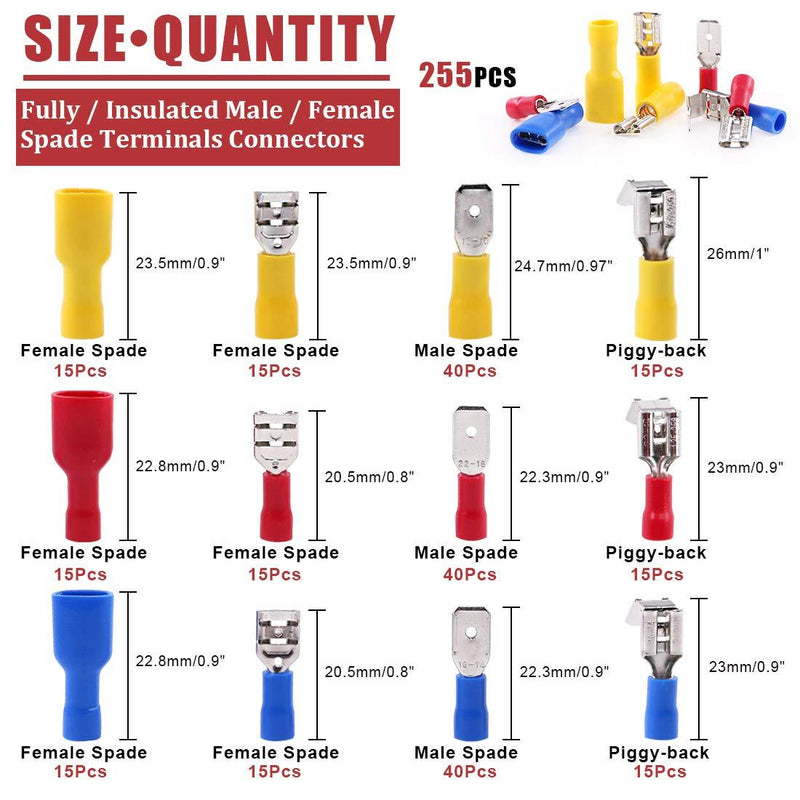 Hilitchi 255Pcs 22-16/16-14/12-10AWG Fully Insulated Female/Male Spade Quick Wire Crimp Terminals Connectors Kit