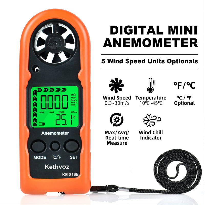 Mini Wind Gauge Digital Wind Meter, Kethvoz Handheld Anemometer Measure Air Flow Speed 0.3~30m/s, Wind Gauge with Thermometer for Windsurfing Kite Drone Flying Sailing Surfing KE-816B