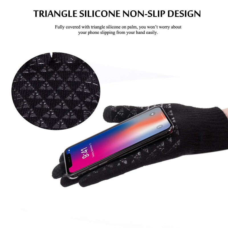 TRENDOUX Winter Gloves for Men and Women - Upgraded Touch Screen Anti-Slip Silicone Gel - Elastic Cuff - Thermal Soft Wool Lining - Knit Stretchy Material Black Medium