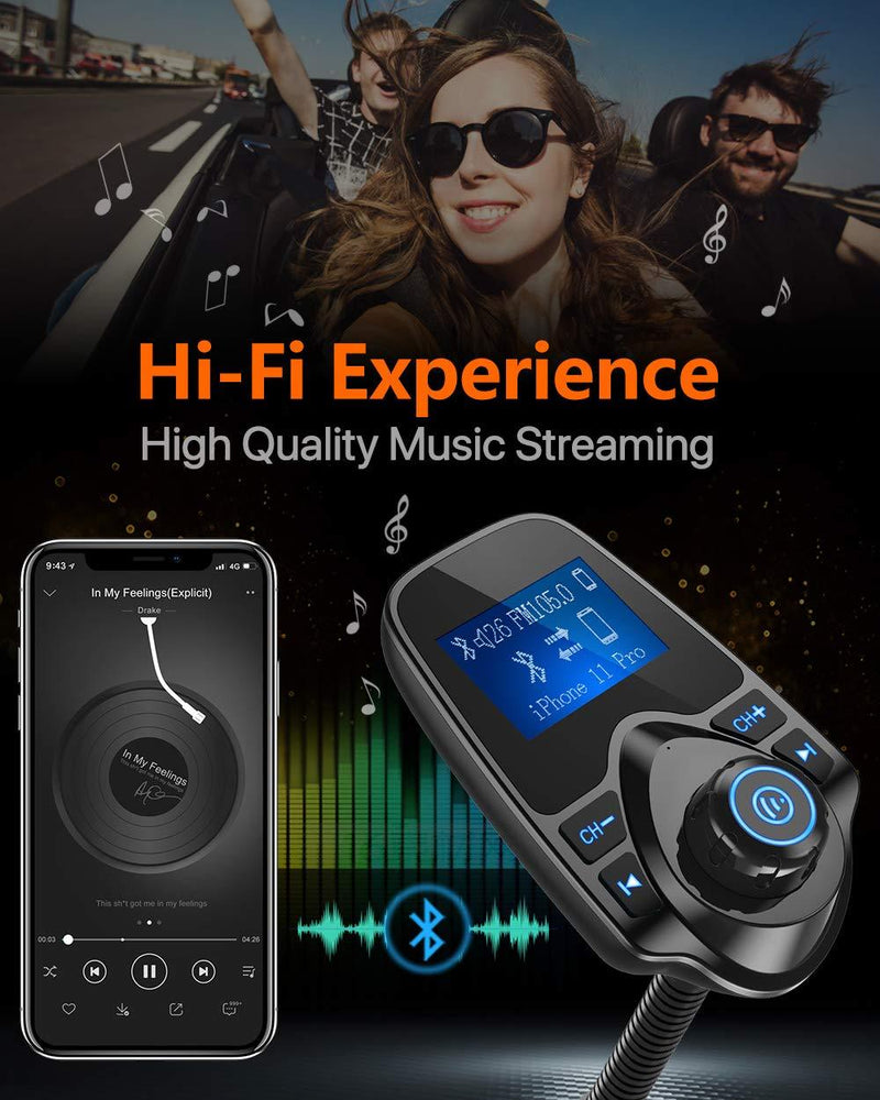 Nulaxy Wireless In-Car Bluetooth FM Transmitter Radio Adapter Car Kit W 1.44 Inch Display Supports TF/SD Card and USB Car Charger for All Smartphones Audio Players Black