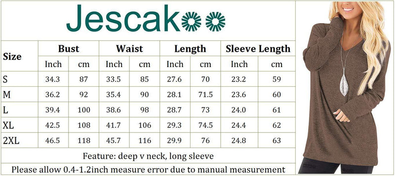 Jescakoo Tunic Tops for Leggings for Women Long Sleeve V Neck T Shirts Casual Loose Fit 01-coffee Small